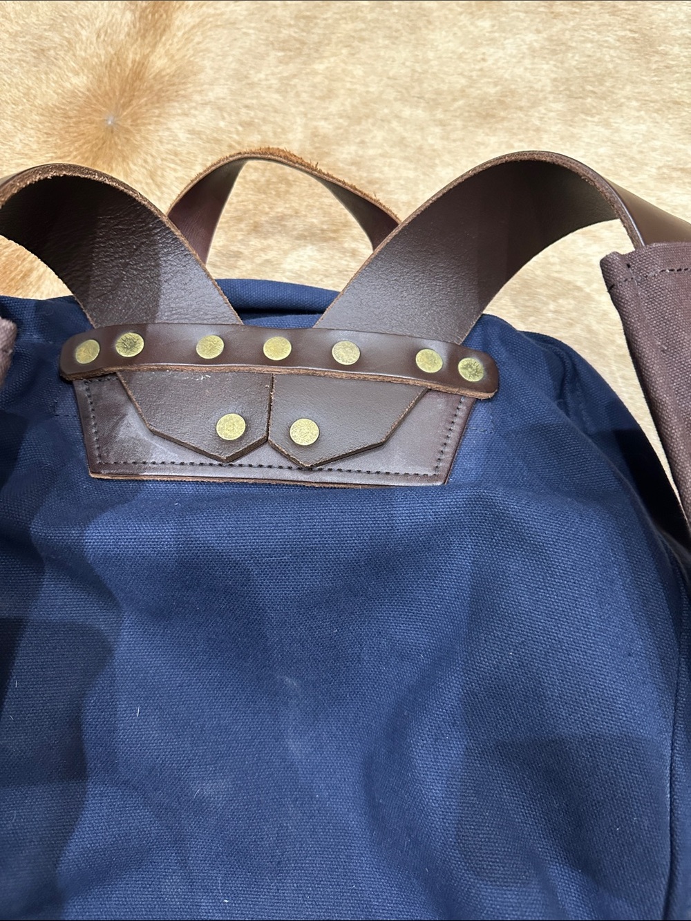 Duluth Pack Navy and Brown Canvas Backpack with Leather Front Pocket. Made ๐บ๐ธ - Picture 4 of 9